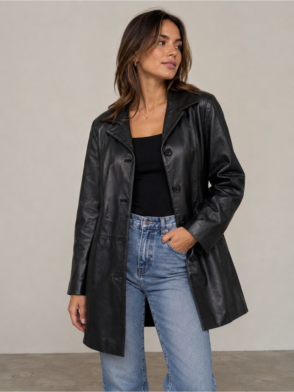 East 5th Womens L Black Genuine Leather Long Coat Jacket Button Front Y2K